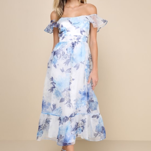 Lulus Sweet Composure White Floral Organza Off-the-shoulder Midi Dress Blue - Picture 1 of 1